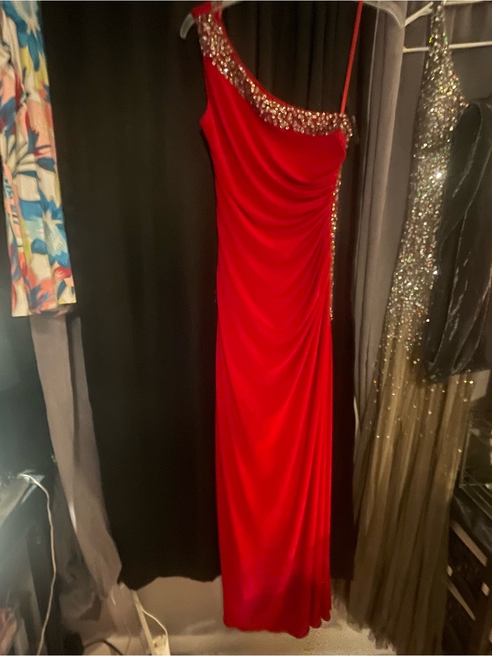 Red One-Shoulder Evening Dress with Beaded Trim